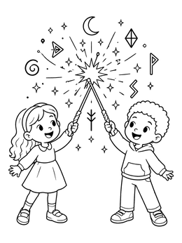 Free printable Children Casting Magic With Wands coloring page