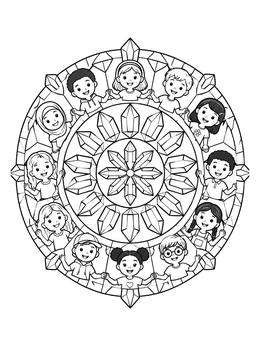 Free printable Children And Crystal Mandala Circle coloring page