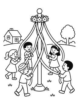 Free printable Children Dancing Around Maypole coloring page