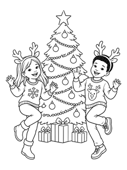 Kids celebrate in this christmas dance coloring page beside a decorated tree.