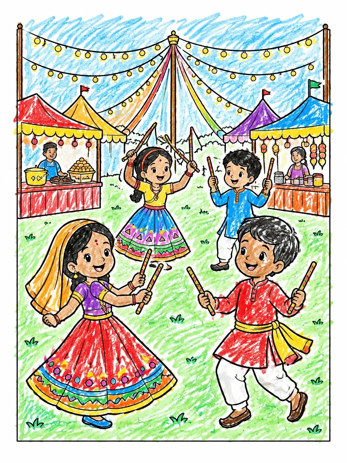 Colored example of the Children Dancing Dandiya At Navratri Fair coloring page
