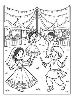 Free printable Children Dancing Dandiya At Navratri Fair coloring page