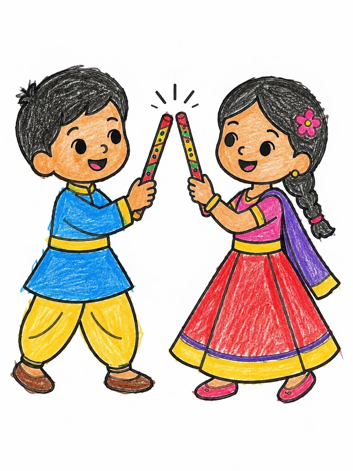 Colored example of the Children Dancing Dandiya For Navratri coloring page