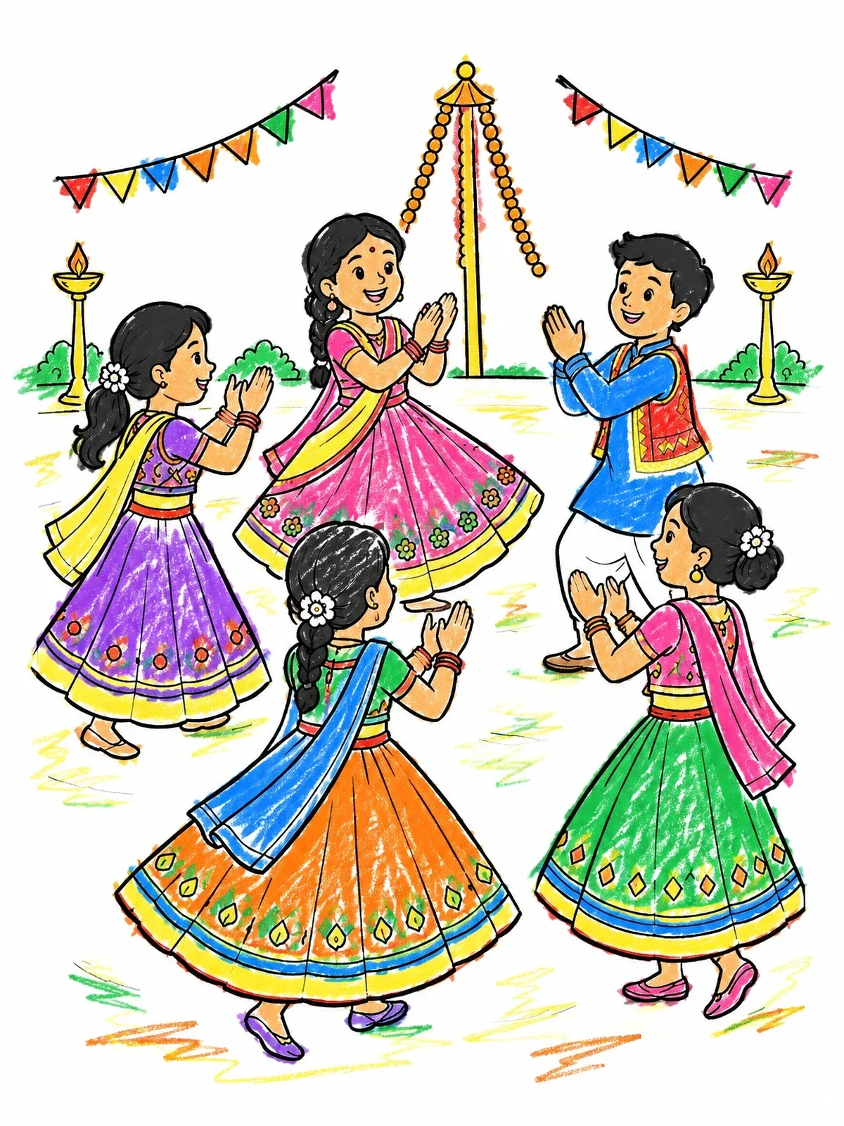 Colored example of the Children Dancing Garba In A Circle coloring page