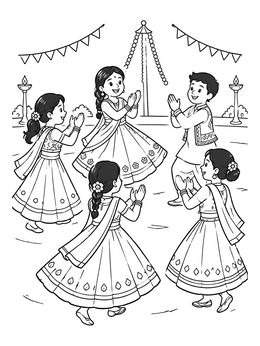 Free printable Children Dancing Garba In A Circle coloring page