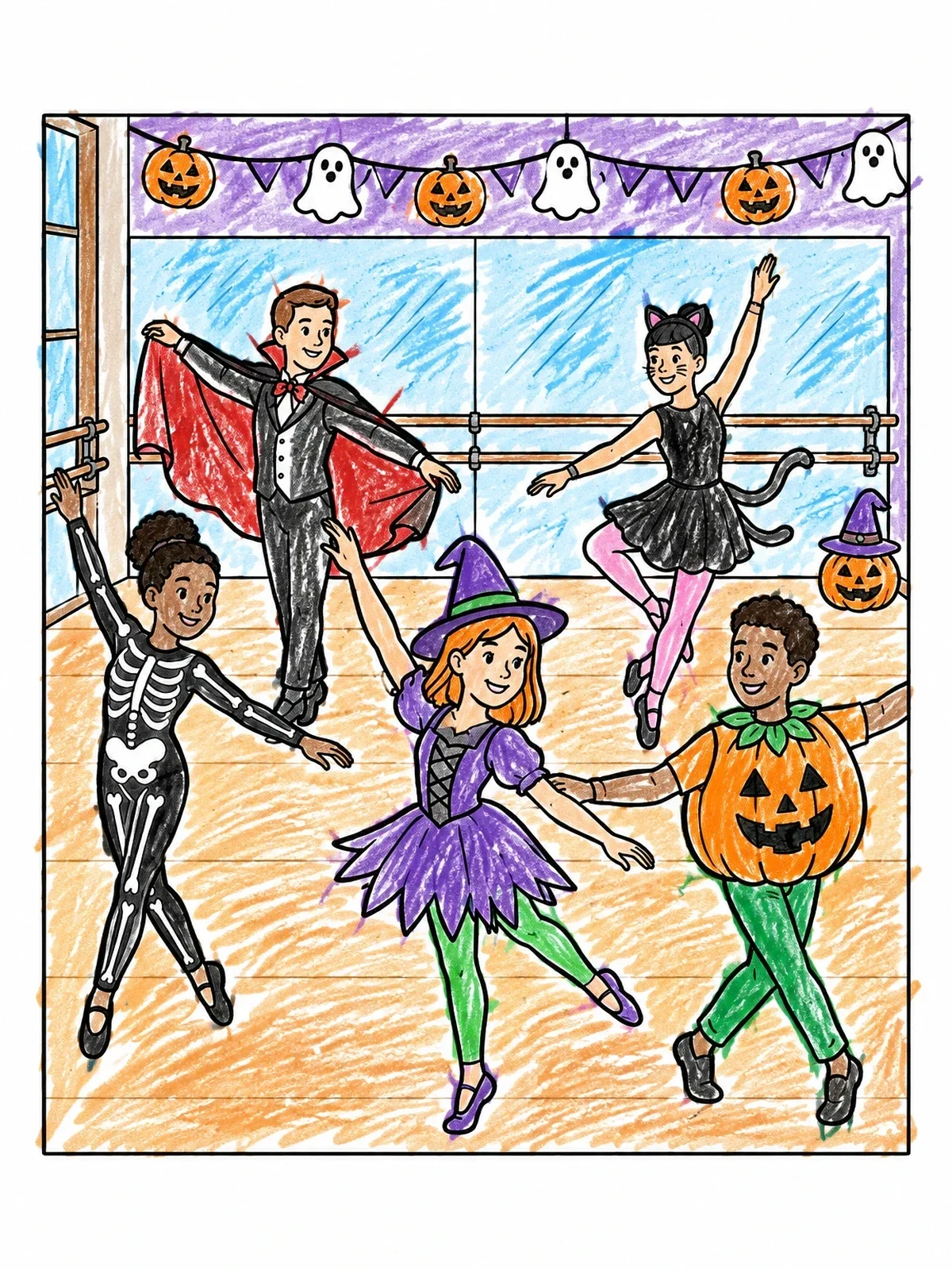 Colored example of the Children Dancing In Halloween Costumes coloring page
