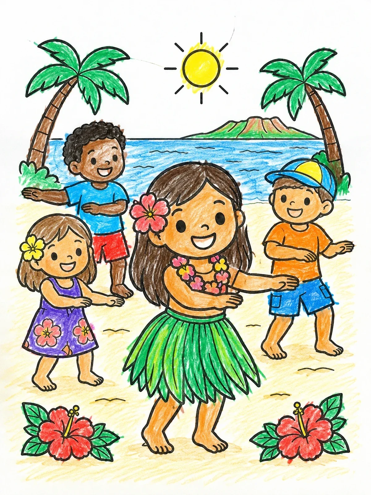 Colored example of the Happy Children Dancing On The Beach coloring page