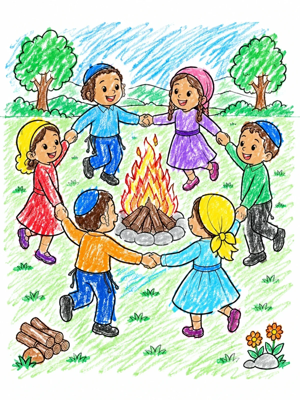 Colored example of the Children Dancing Around Bonfire coloring page