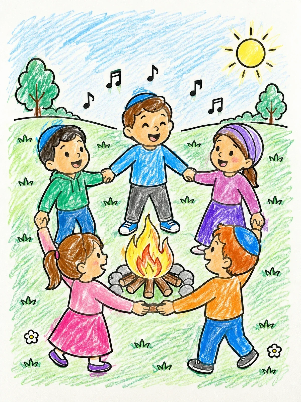 Colored example of the Children Dancing Around The Bonfire coloring page