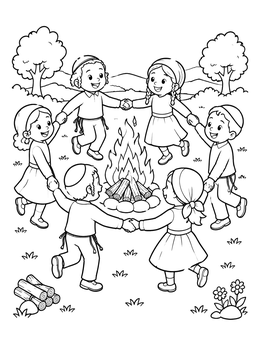 Free printable Children Dancing Around Bonfire coloring page