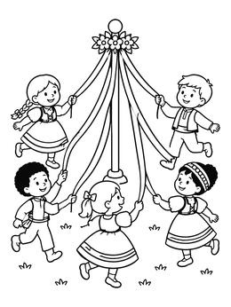 Happy children dance holding ribbon streamers on this may coloring page.