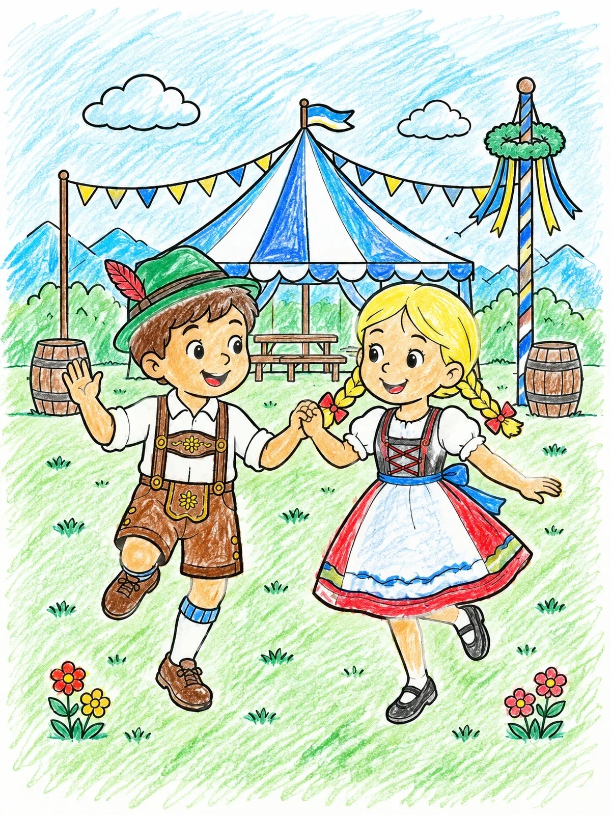 Colored example of the Children Dancing At Oktoberfest coloring page