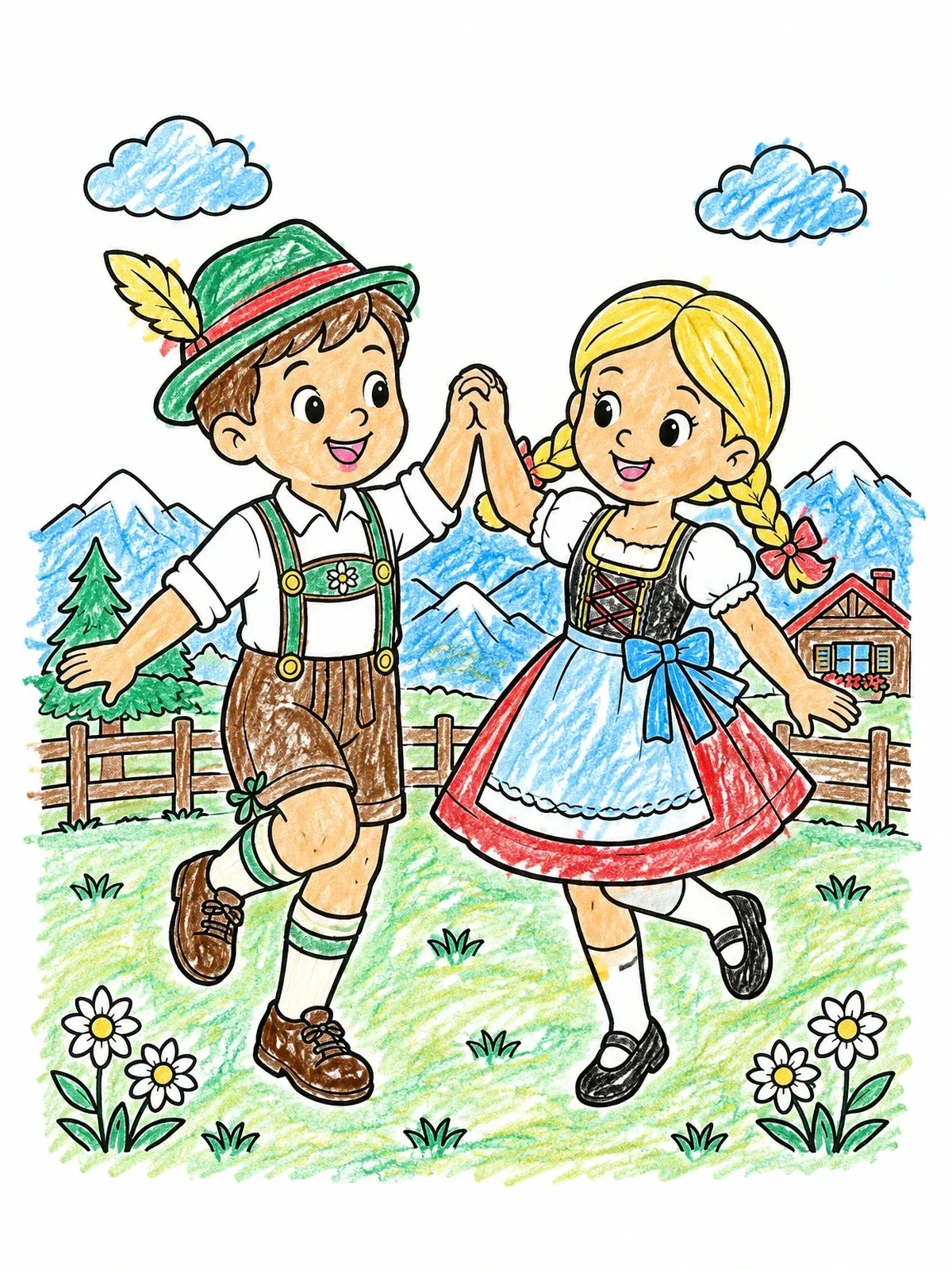 Colored example of the Children Dancing In Traditional Austrian Clothes coloring page