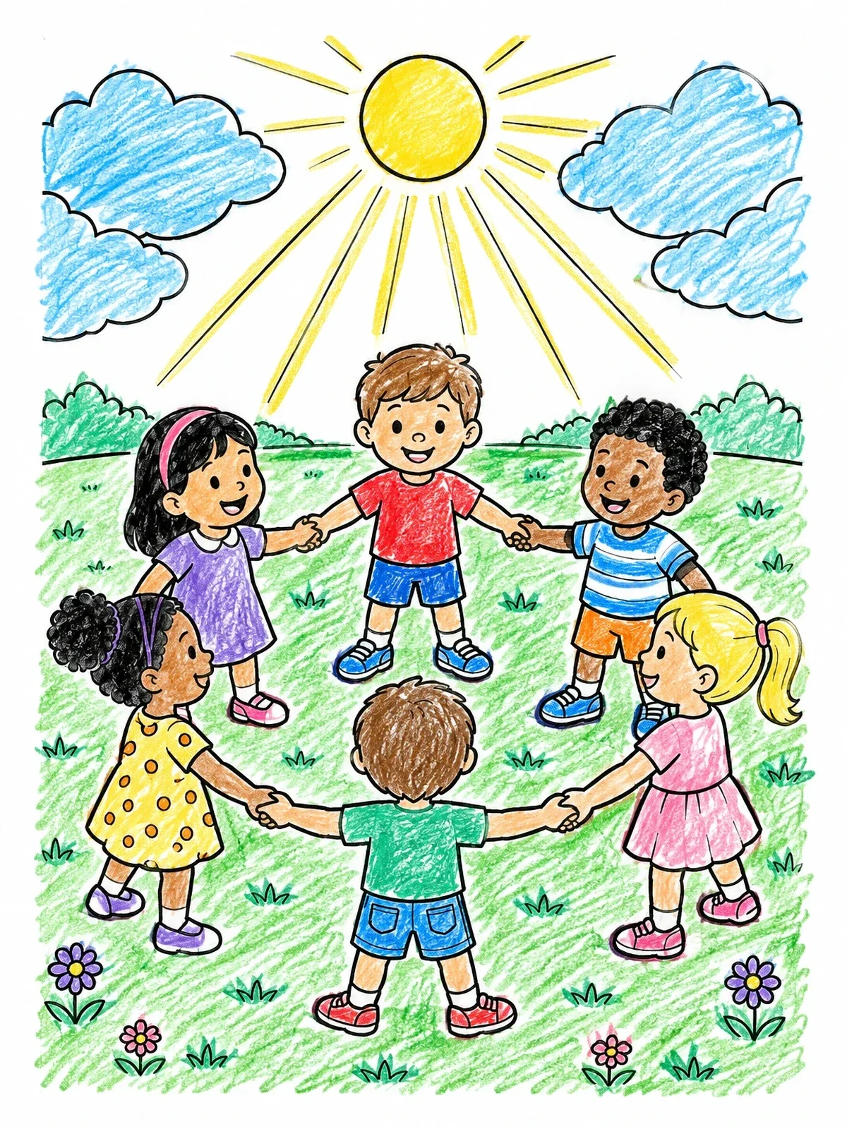 Colored example of the Children Dancing Under The Sunbeams coloring page