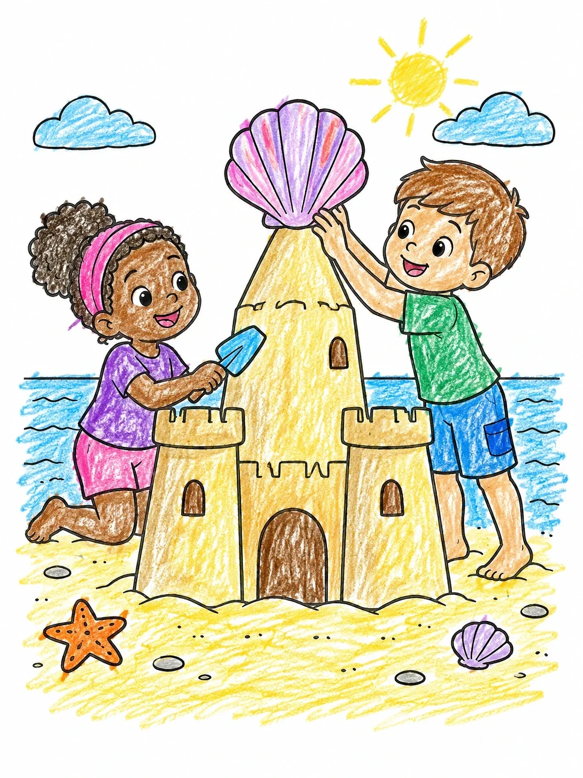 Colored example of the Children Decorating A Big Sandcastle coloring page