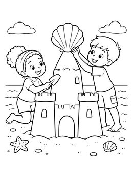 A cheerful boy and girl decorate their tall tower on this sand castle coloring page.