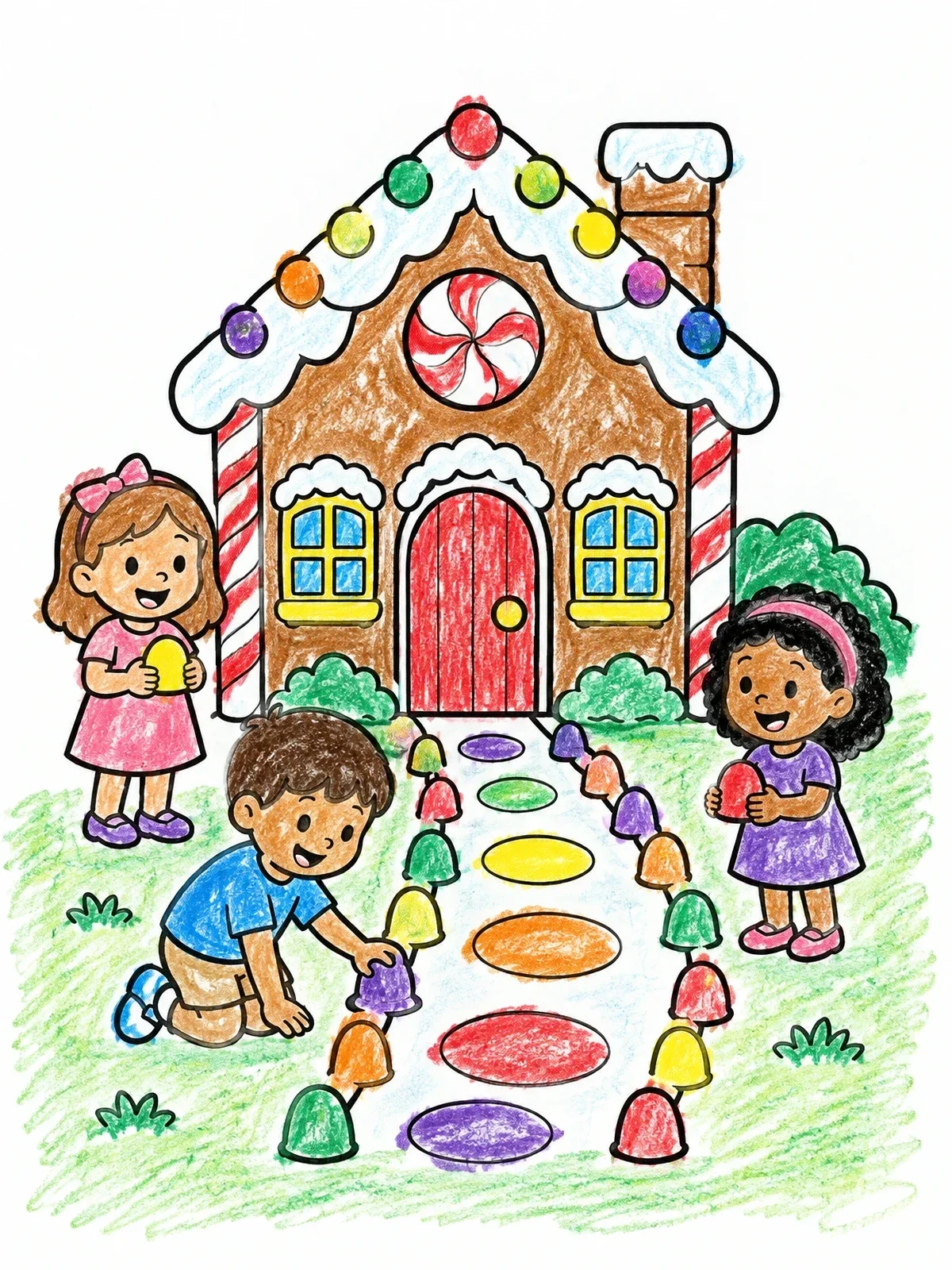 Colored example of the Children Decorating A Gingerbread Candy House coloring page
