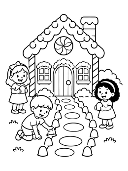 A cheerful candy house coloring page with happy children placing gumdrops along the walkway.