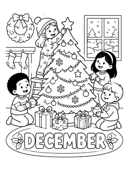 Happy children decorating a Christmas tree in this cute december coloring page.