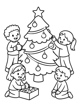 Four happy children decorate a tree in this christmas tree coloring page.