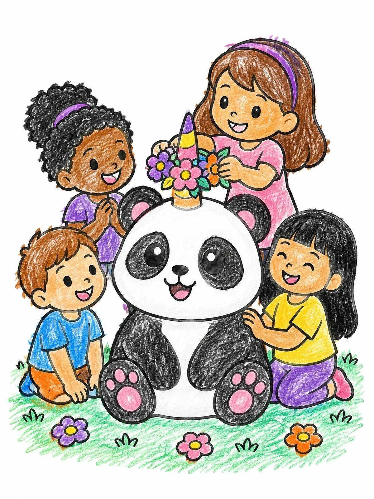 Colored example of the Children Decorating A Unicorn Panda coloring page