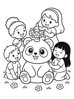 Free printable Children Decorating A Unicorn Panda coloring page