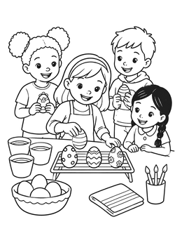 Free printable Children Decorating Easter Eggs Together coloring page