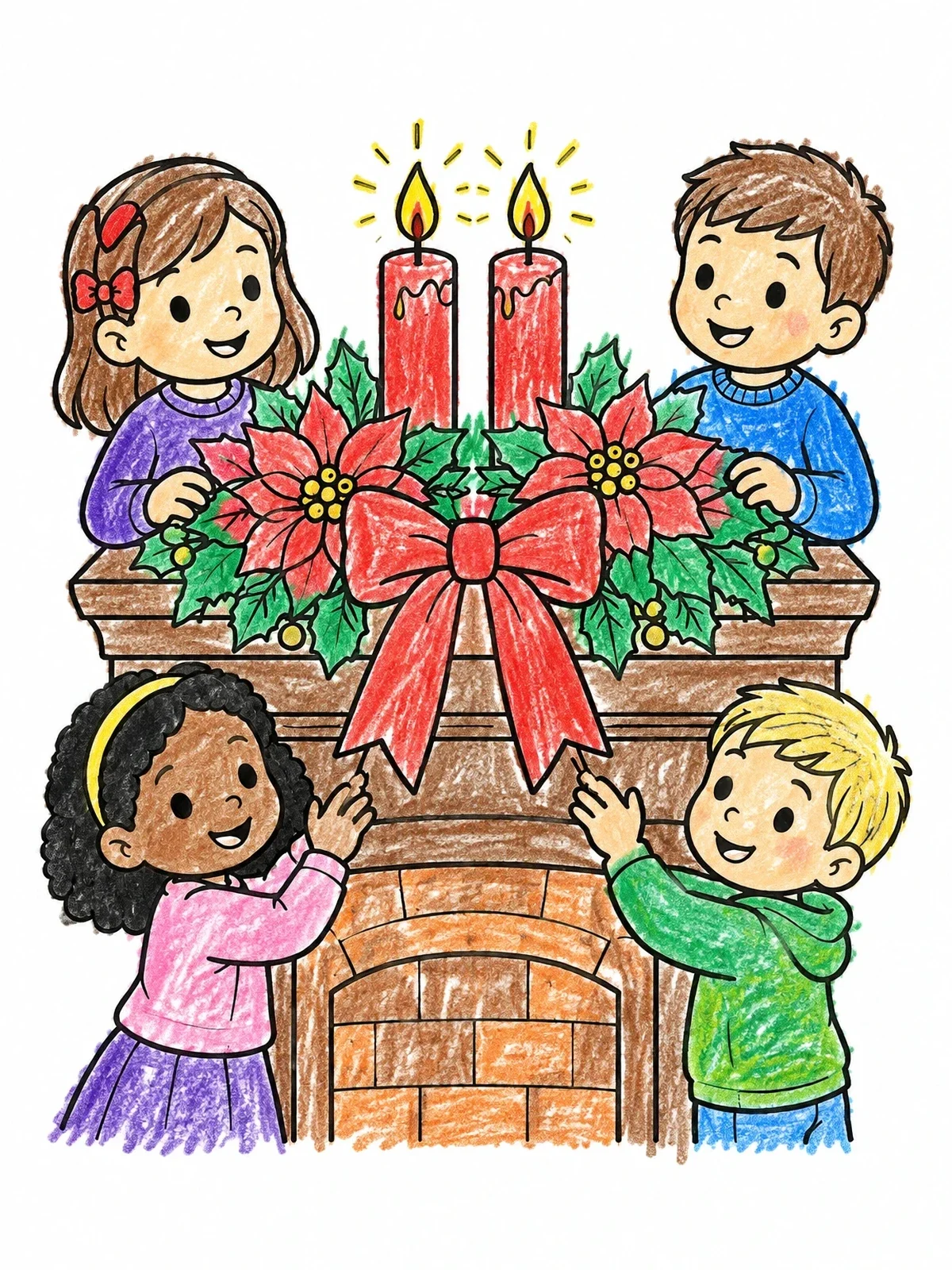 Colored example of the Children Decorating Fireplace With Candles coloring page