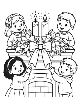 Free printable Children Decorating Fireplace With Candles coloring page