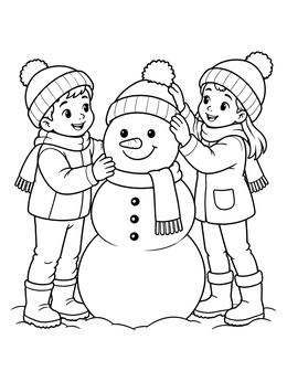 Two happy kids putting a knit hat on their snowman coloring page.