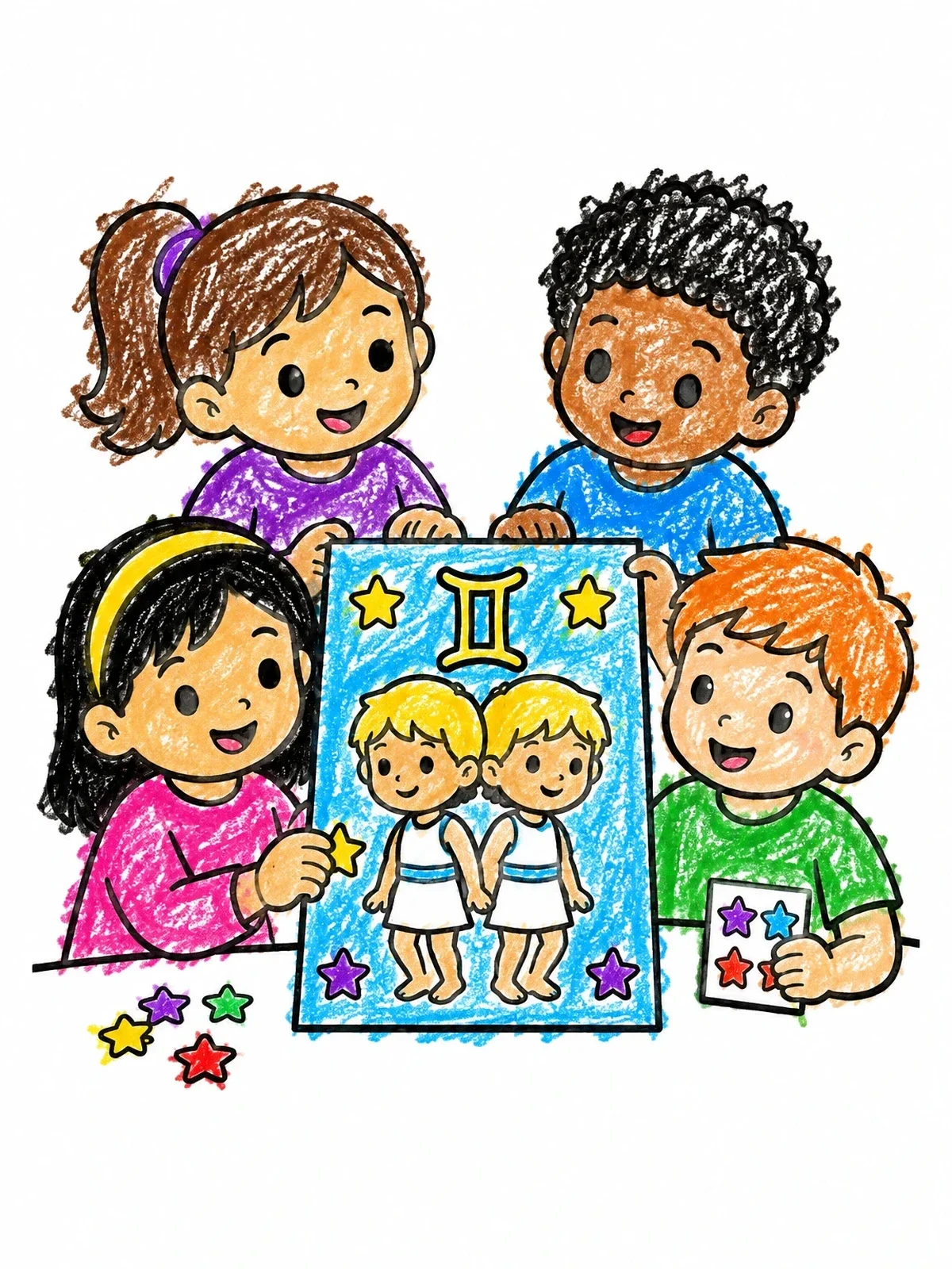 Colored example of the Children Decorating A Gemini Poster coloring page