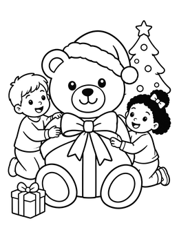 Kids tying a ribbon on a toy in this cheerful christmas bear coloring page.