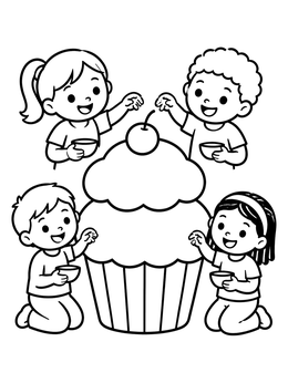 Free printable Children Decorating A Giant Cupcake coloring page
