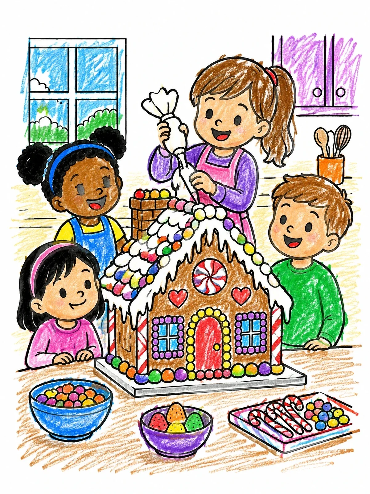 Colored example of the Children Decorating A Gingerbread House coloring page