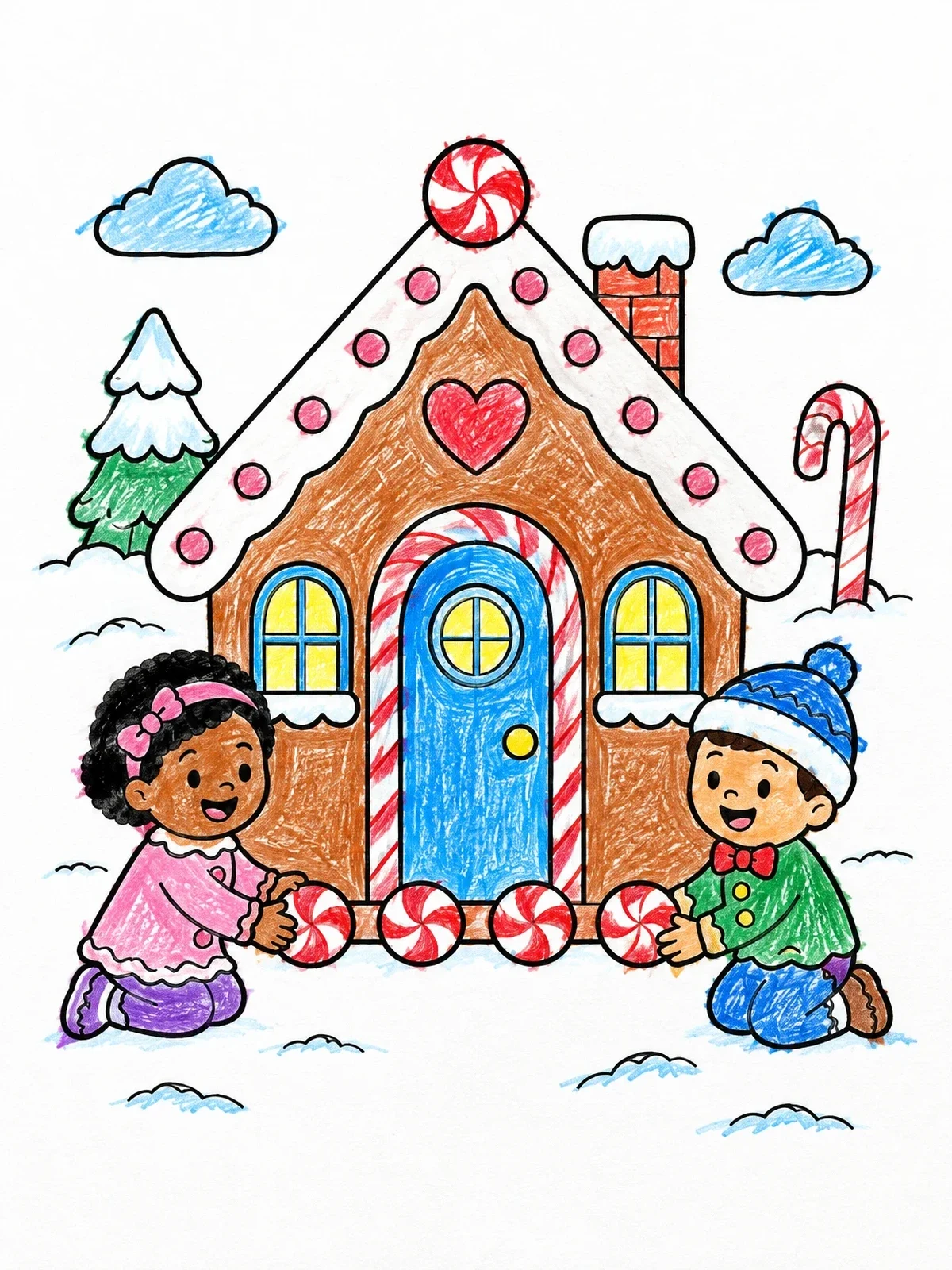 Colored example of the Children Decorating A Gingerbread Candy House coloring page