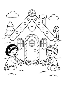 Free printable Children Decorating A Gingerbread Candy House coloring page