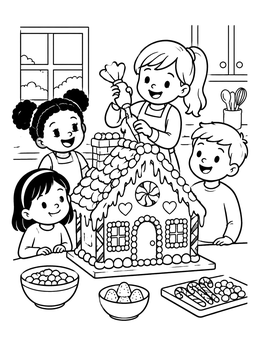 Free printable Children Decorating A Gingerbread House coloring page