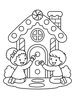 Kids decorating a door in this gingerbread house coloring page.