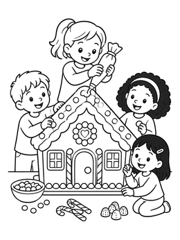 Free printable Children Decorating A Gingerbread House coloring page