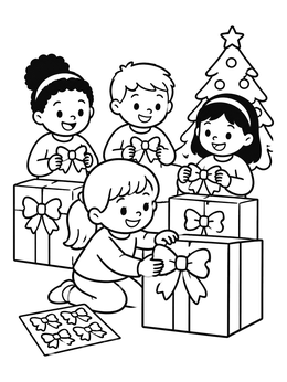 Free printable Children Decorating Presents With Christmas Bows coloring page