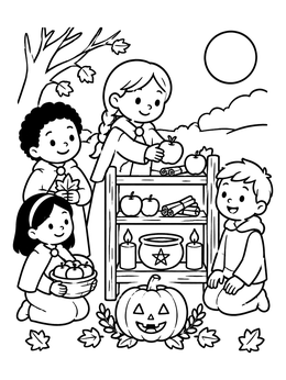 Free printable Children Decorating An Autumn Altar coloring page