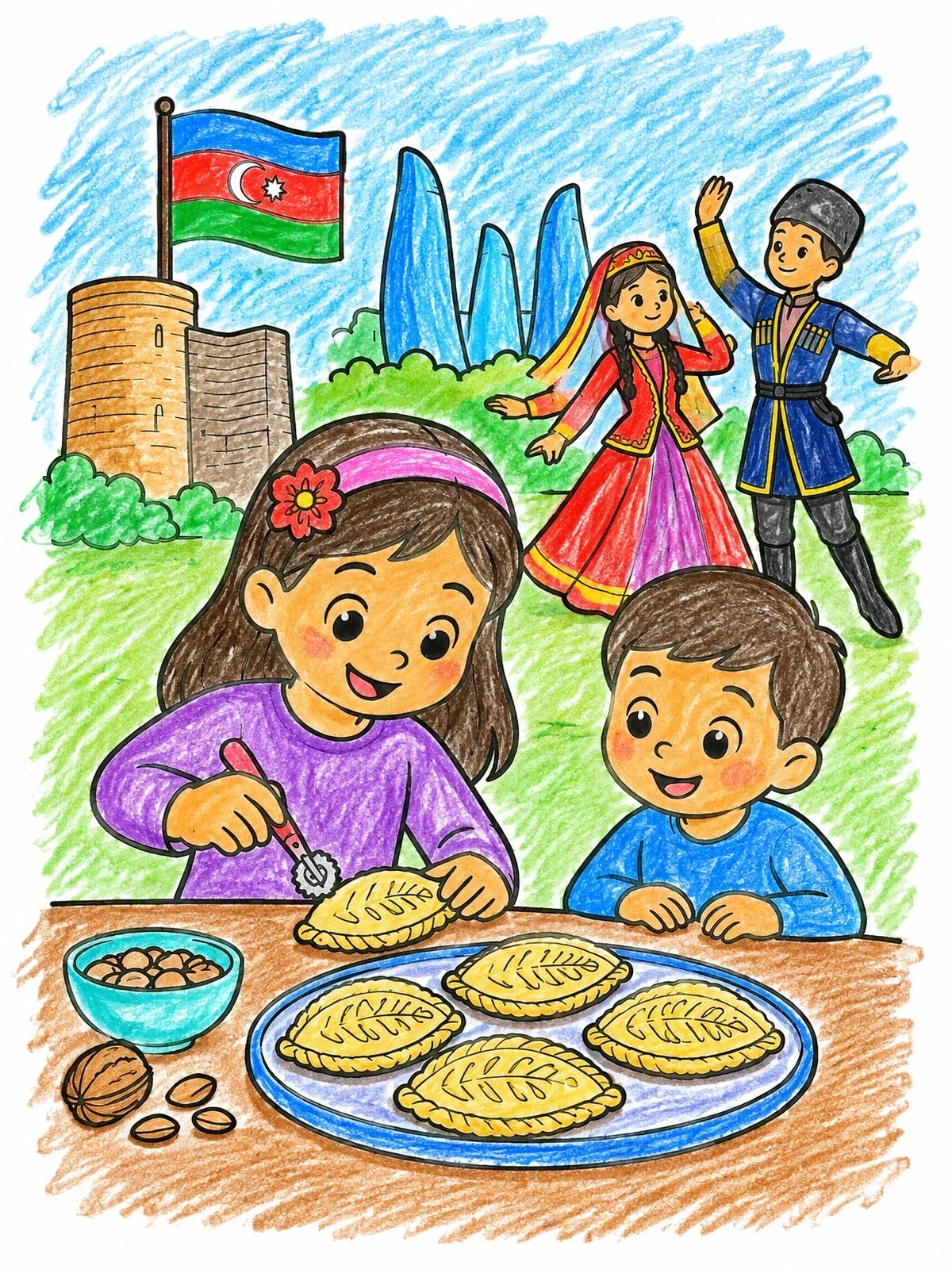 Colored example of the Children Decorating Shekerbura In Azerbaijan coloring page