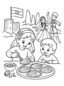 Free printable Children Decorating Shekerbura In Azerbaijan coloring page
