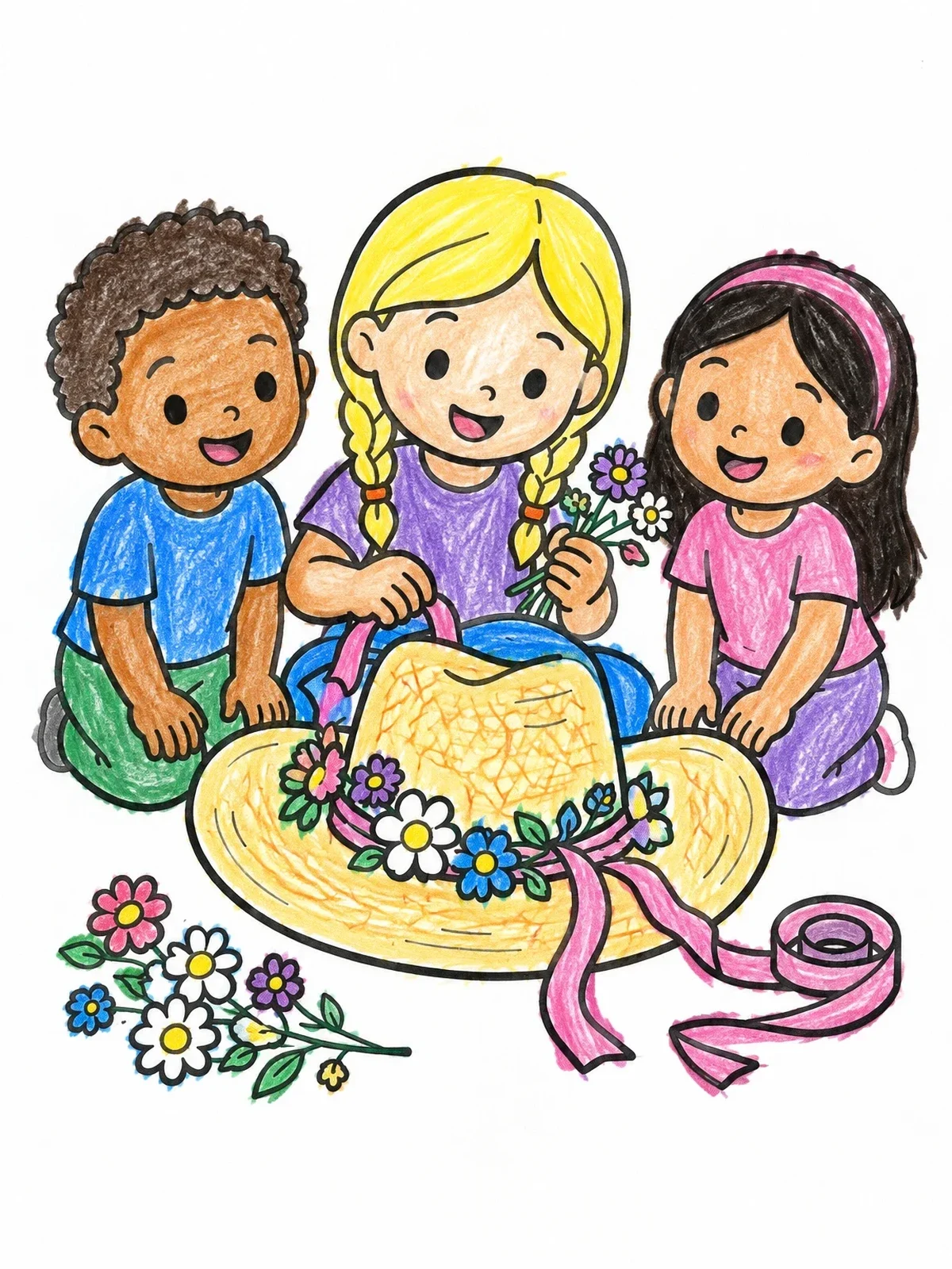 Colored example of the Children Decorating A Straw Hat coloring page