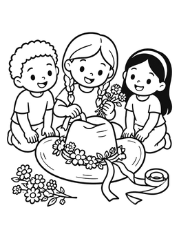 Children decorate a straw hat on this cowboy hat coloring page.