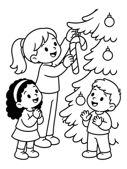 Free printable Children Decorating Tree With Candy Cane coloring page
