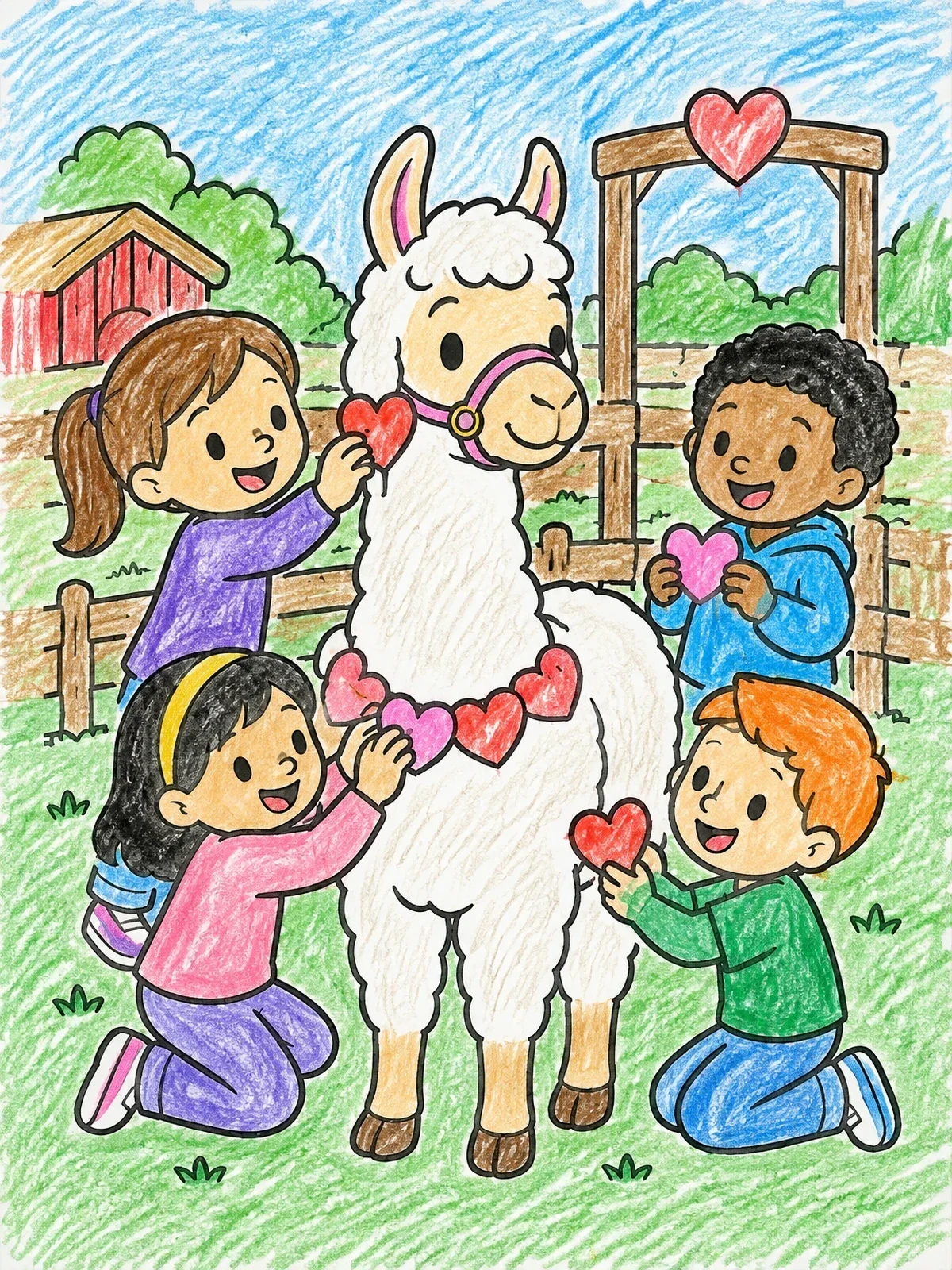Colored example of the Children Decorating A Valentine Llama coloring page