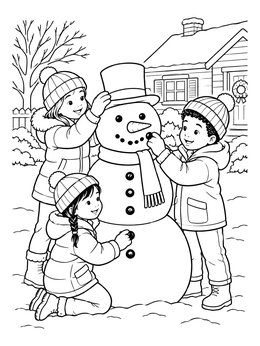Three happy children decorate a snowman in this winter mood coloring page.