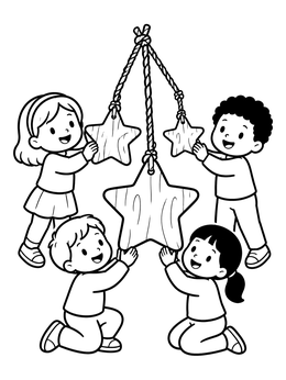 Free printable Children Decorating With Wooden Stars coloring page