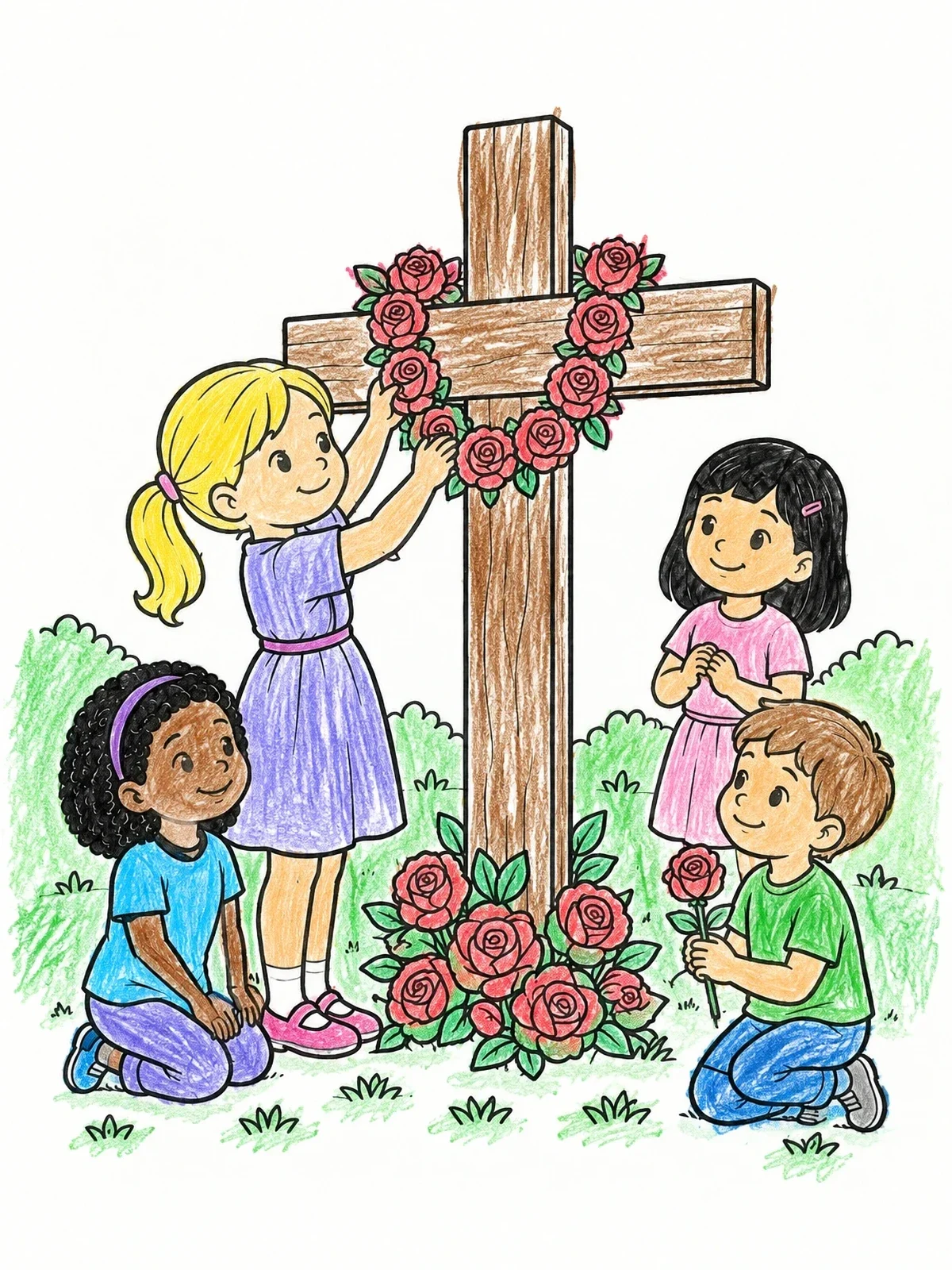 Colored example of the Children Decorating Cross With Roses coloring page